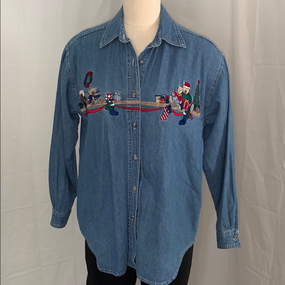 Vintage teddy bear Christmas button down medium